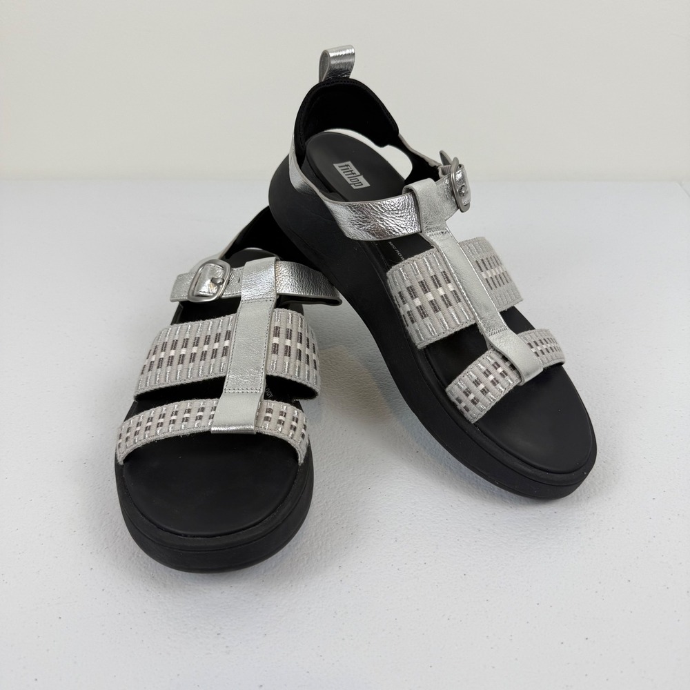 FITFLOP F-MODE METALLIC-LEATHER/WEBBING FLATFORM FISHERMAN SANDALS Women's 9 US
